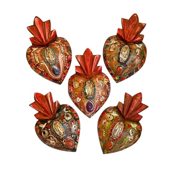 Virgin GUADALUPE Sacred HEART, Painted Milagro Heart w Doves, Mexican Corazon