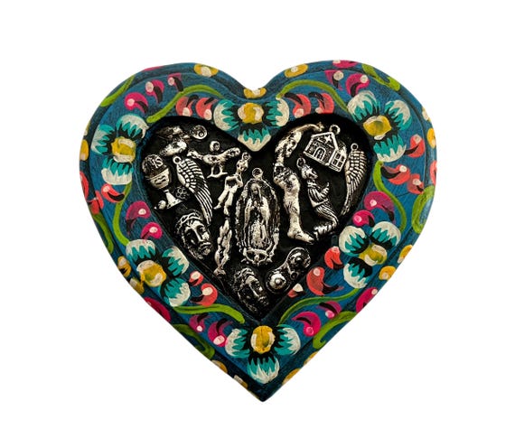 Handcrafted Sacred Heart Exvoto: Floral Painted Wood with Charms