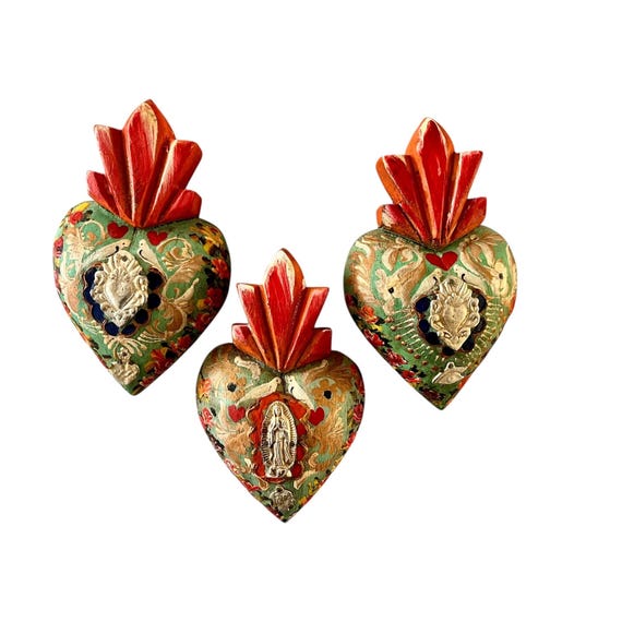Virgin GUADALUPE Sacred HEART, Painted Milagro Heart w Doves, Mexican Corazon