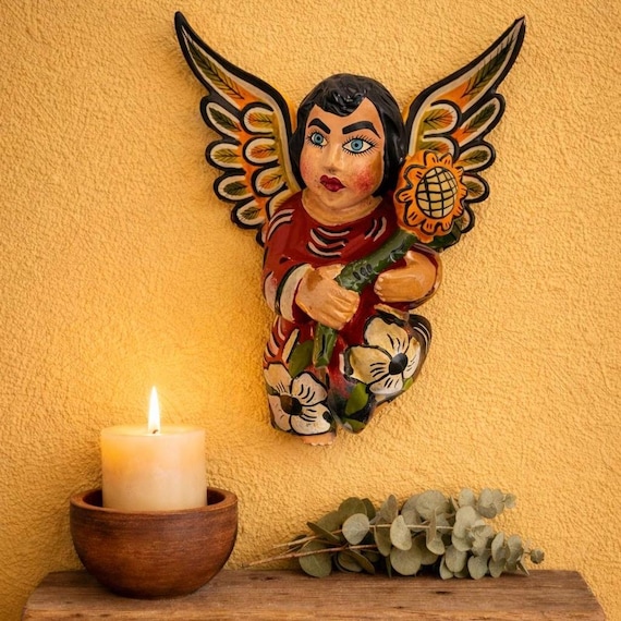 Mexican ANGEL with Flower, Full Body Hanging Carved Wood Angel