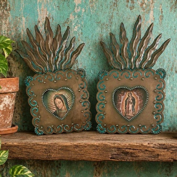 Mexican Tin Shadowbox Nicho, SACRED HEART Virgin GUADALUPE 8 1/2"H