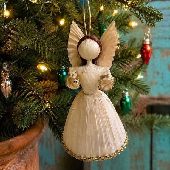 SET (3) Corn Husk ANGEL Ornaments, Mexican Christmas Decorations 5"H