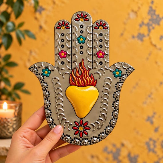 Hamsa Hand with Sacred Heart, Mexican Tin Hand w Corazon 8”H Yellow, Red or Aqua Heart