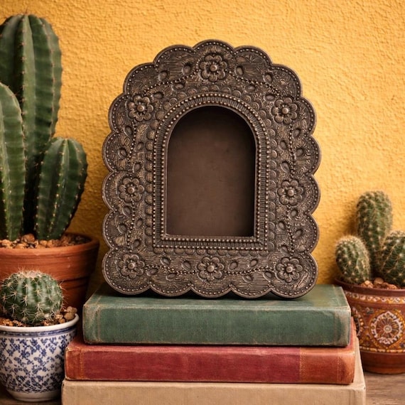 Mexican Tin NICHO, Arched Shadowbox Frame, Silver or Oxidized 7 1/2"H