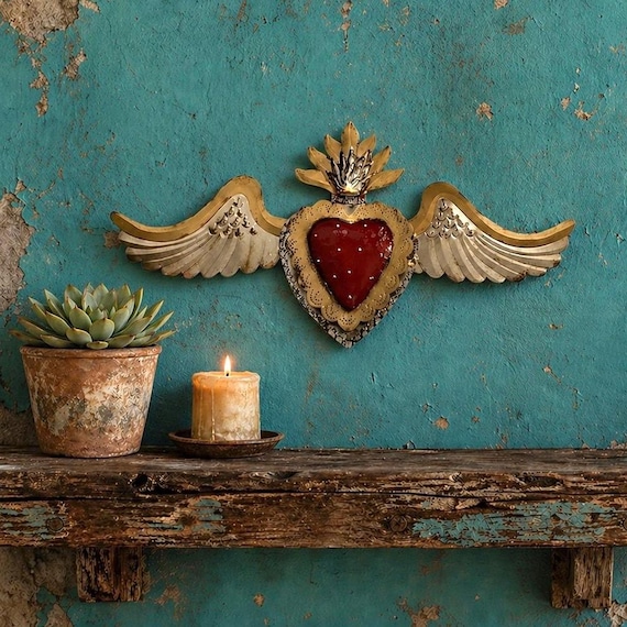 Mexican Tin SACRED HEART with Wings Luminaria, Winged Corazon 24"W