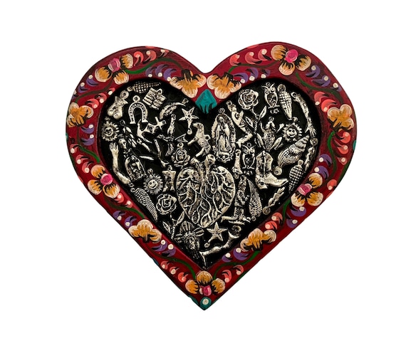 MILAGROS Heart, Mexican ExVotos Corazon, Heart with Charms