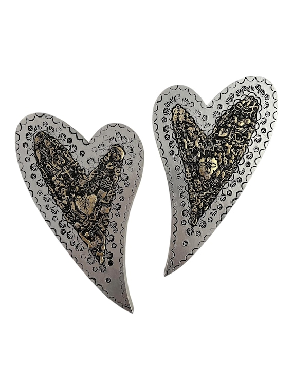 Mexican MILAGROS HEART Carved Wood Heart with Embossed Tin, ExVotos Corazon