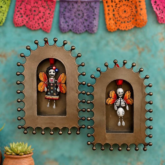Day of the Dead Tin NICHO Shadowbox Frame  with Butterfly Ornament, Altar Ofrenda Decor