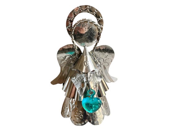 Tin ANGEL with Glass HEART, Mexican Punched Tin Angel with Corazon