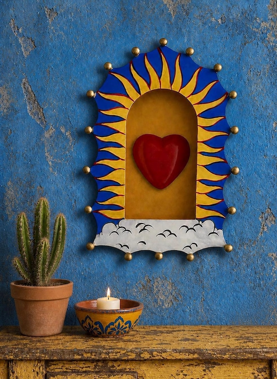 Hand Painted Tin NICHO, Shadowbox Display Frame LG 11” With/Without Heart