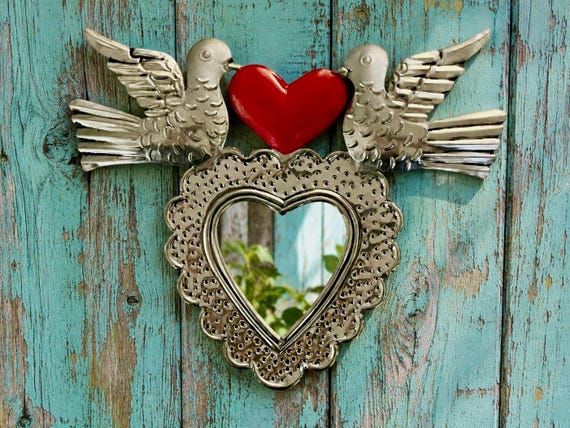 Tin HEART MIRROR with Doves, Small Mexican Corazon Palomas Ornament, Silver