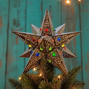 STAR Tree TOPPER Colored Marbles, Mexican Xmas Tin Star, Handmade Estrella 9” or 11”