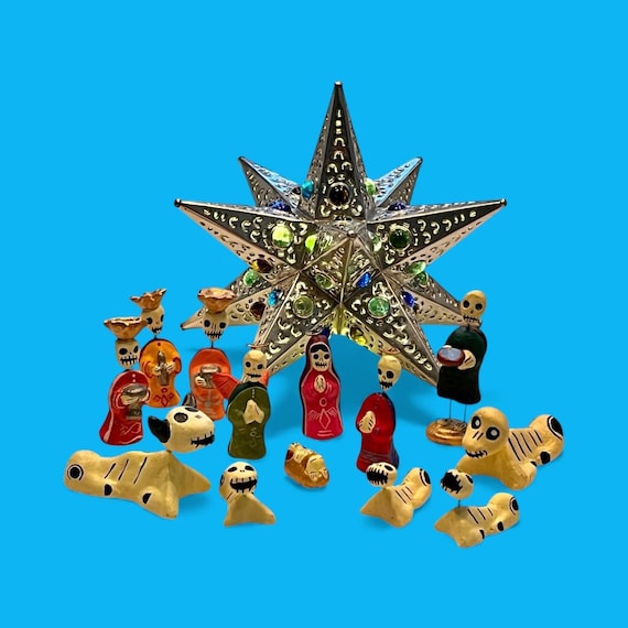 Day of the Dead NATIVITY SET, + Tin Christmas Tree Topper Moravian Star