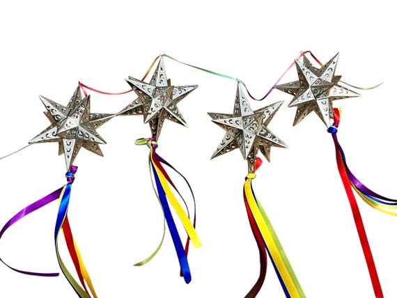 Mexican TIN STARS Set (4) Moravian Stars, Mexico Star Christmas Ornaments with RIBBONS