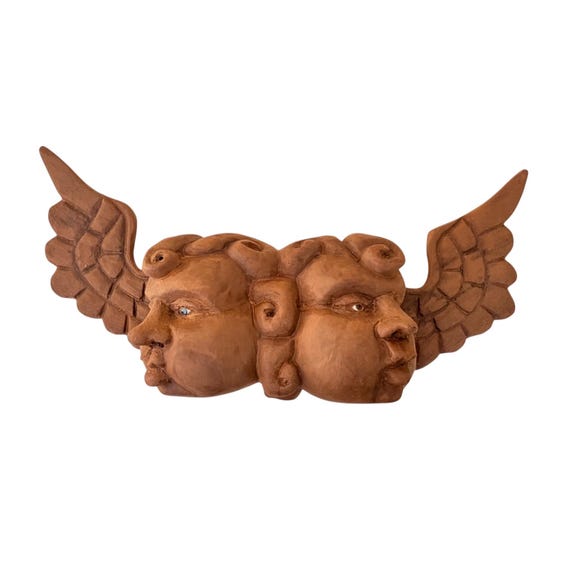 WOOD ANGEL, Two Faces Mexican Wood Angel w Glass Eyes, Cherubs, Cacheton, Chubby Cheeks Angel #2