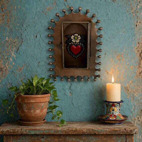 Mexican Tin NICHO 8"H Shadowbox Frame Display Niche, Altar Decor