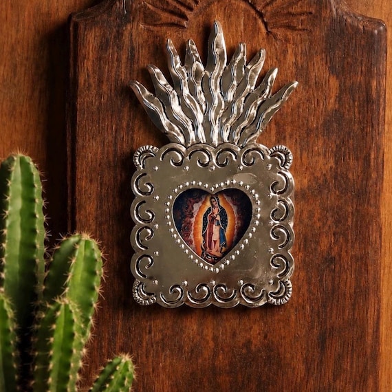 Mexican Tin Shadowbox Nicho, SACRED HEART Virgin GUADALUPE 8 1/2"H