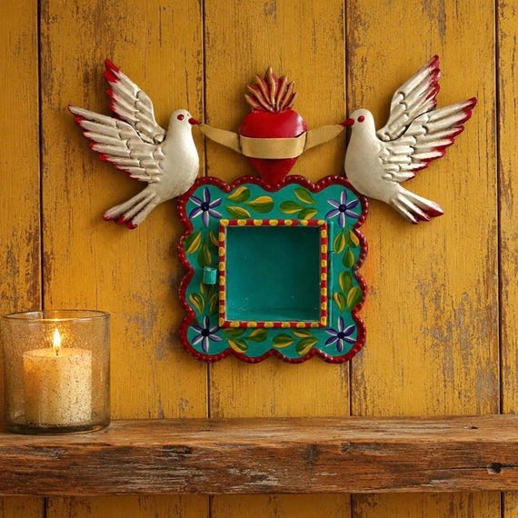 Mexican Tin Sacred Heart Nicho, Hand Painted Shadowbox Frame with Doves, Aqua/Green