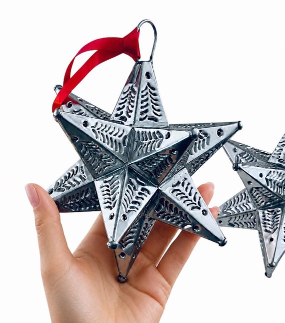 Mexican TIN STARS Set (2)  Moravian Stars, Estrellas LG Ornaments 7”H