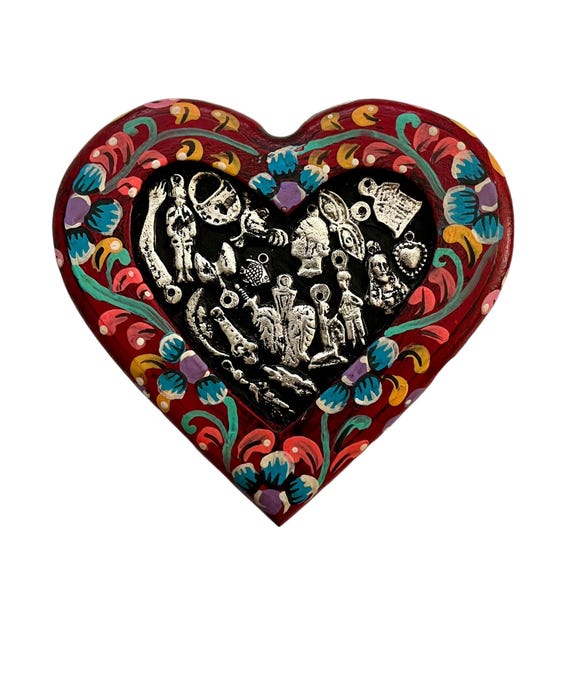 Hand Carved Sacred Heart: Floral Milagros Exvoto