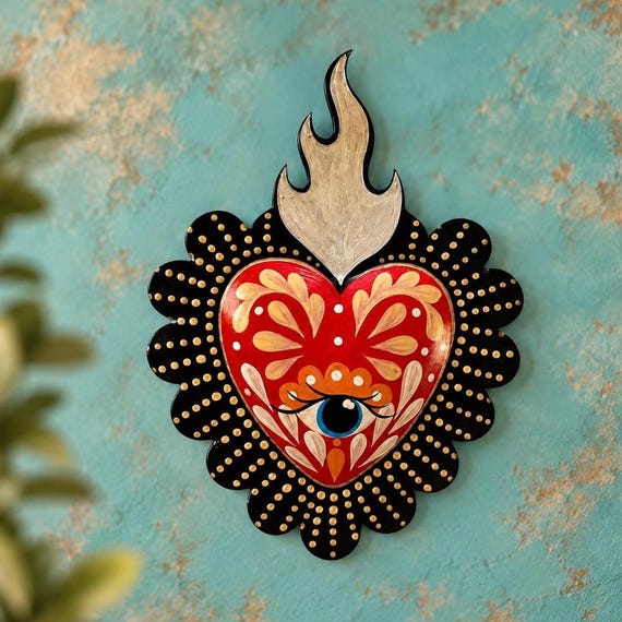 Tin Sacred Heart with Evil EYE, Protective Ornament 8” Mexican Corazon