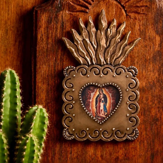Mexican Tin Shadowbox Nicho, SACRED HEART Virgin GUADALUPE 8 1/2"H, Dark or Silver Finish