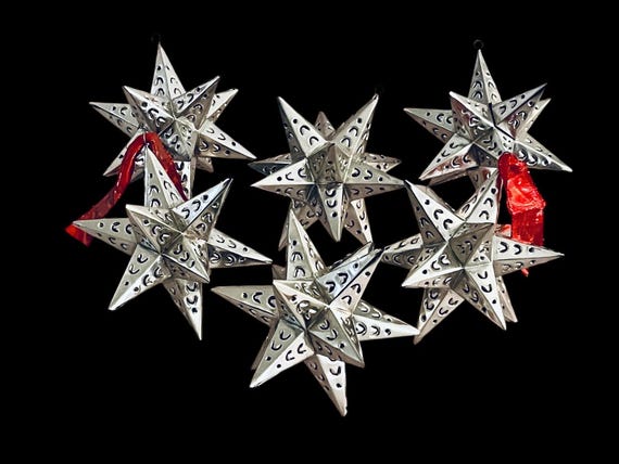 TIN STARS SET (6) Moravian Stars, Mexican Christmas Ornaments, Silver Finish 5”