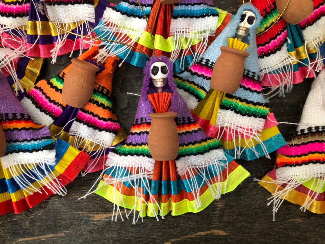 Day of the Dead Catrina Ornaments, Set 4 CORN HUSK Mexican Christmas