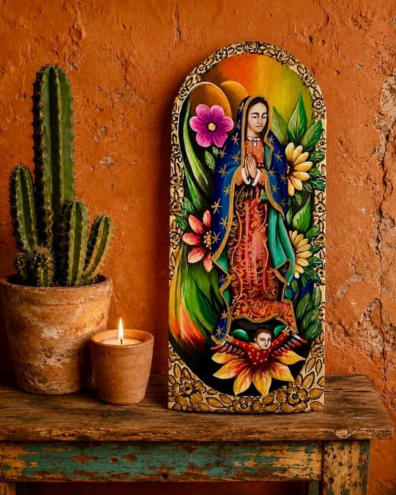 VIRGIN GUADALUPE Batea Doughbowl, LG 24” Hand Painted Mexican Retablo