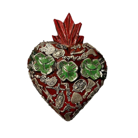 Milagros SACRED HEART, ExVotos Corazon, Mexican Heart with Charms and Roses LARGE