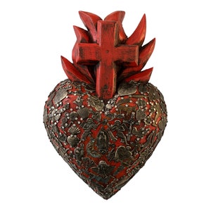 Mexican Milagros Heart with Flames Cross: Sacred Heart ExVoto