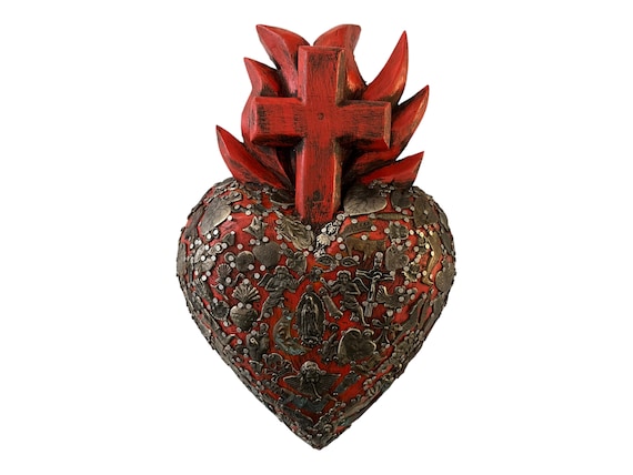 Mexican Milagros Heart with Flames Cross: Sacred Heart ExVoto