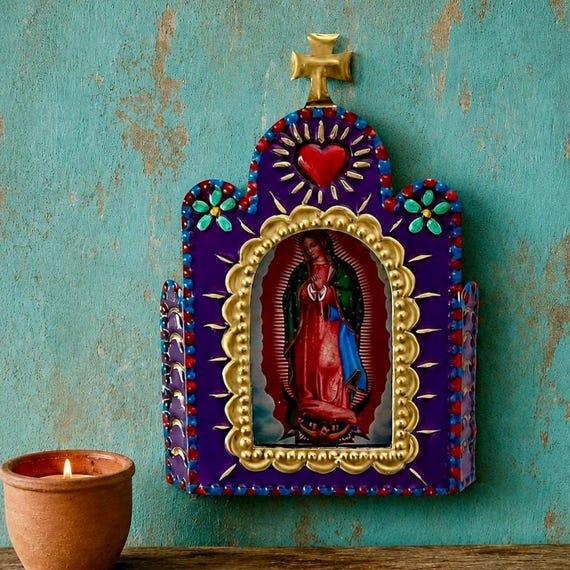 VIRGIN GUADALUPE Tin Nicho, Mexican Church Frame, Small 5 1/2”H