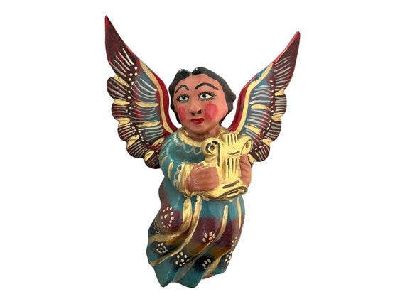 Mexican ANGEL with Harp, Full Body Hanging Carved Wood Angel