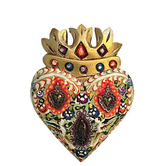 Milagros Heart Virgin GUADALUPE & Doves, ExVotos Corazon, SACRED Heart with CROWN