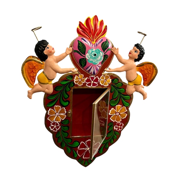 Tin HEART Nicho FRAME Sacred Heart & Angels , Punched Tin Heart, Mexican Corazon LARGE