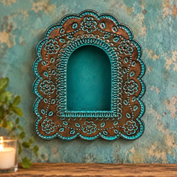 Mexican Tin NICHO, Arched Shadowbox Frame,  Oxidized w Aqua Detailing, Altar/Ofrenda Frame