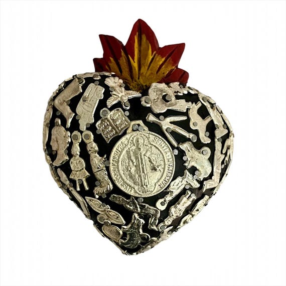 Mexican MILAGROS SACRED HEART,  Heart with Charms, ExVotos Corazon