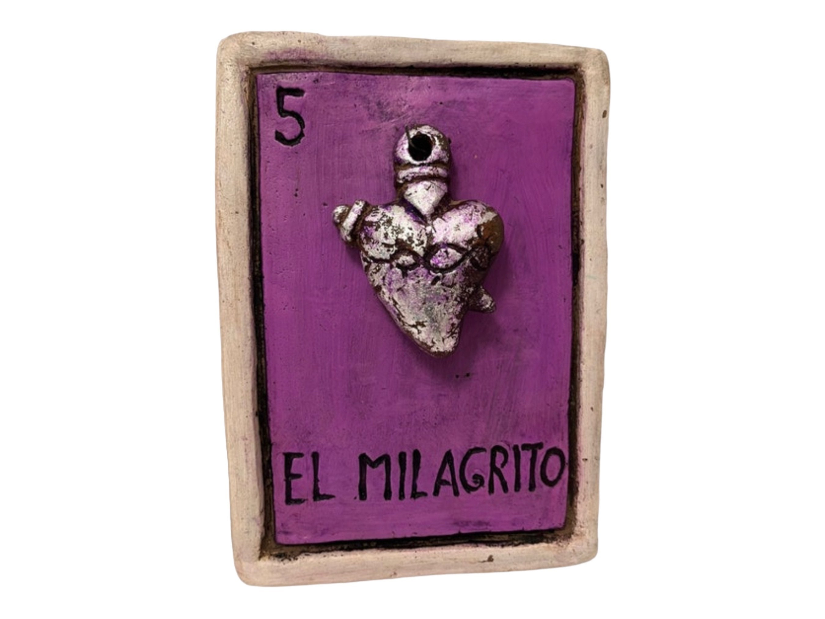 LARGE Clay LOTERIA CARD Plaque, El Milagrito, Milagro Heart 9 Purple  Accents 