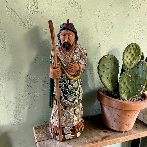Saint JUDE Figurine with Milagros: Large 12" Carved Mexican SANTO, St. Judas