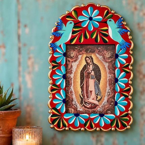 Mexican Nicho with Hummingbirds, Virgin GUADALUPE, Hand Painted Tin Frame 9”