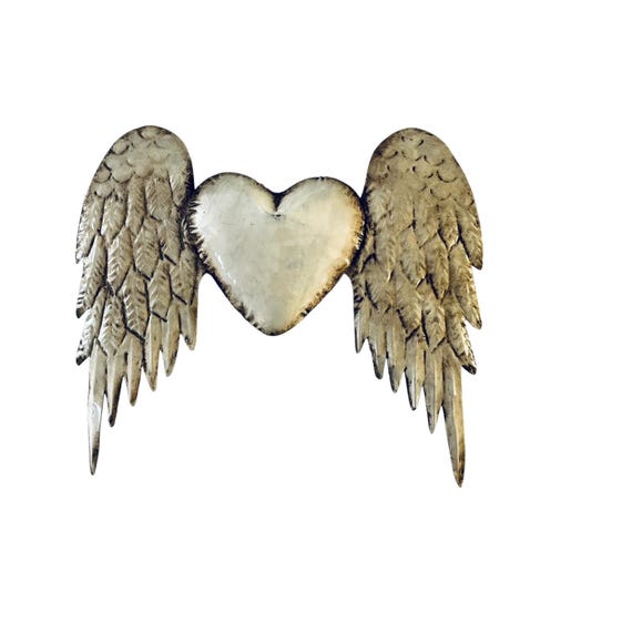 WINGED HEART, Mexican Corazon, Punched Tin Heart with Wings, Off White