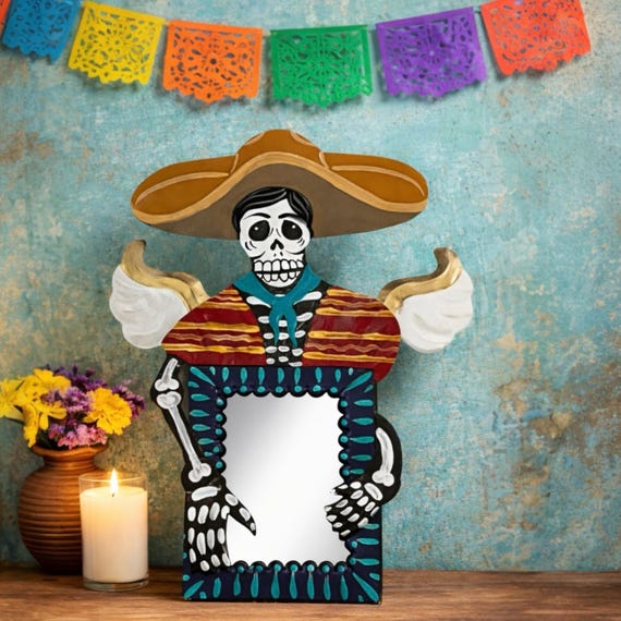 Day of the Dead Angel, Muertos Catrin MIRROR, Mexican Punched Tin, Stand or Hang 12”H