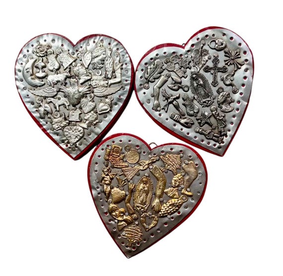Mexican MILAGROS HEART Wood Heart with Tin, ExVotos Corazon 5”