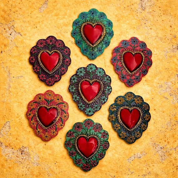 Mexican TIN HEART with Flowers, Painted Tin Corazon