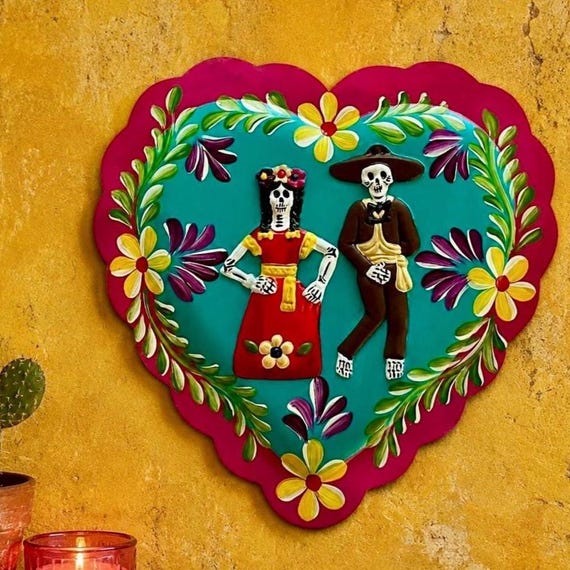 Mexican Tin Heart  with Day of the Dead Couple, Muertos Altar Display 8.5”