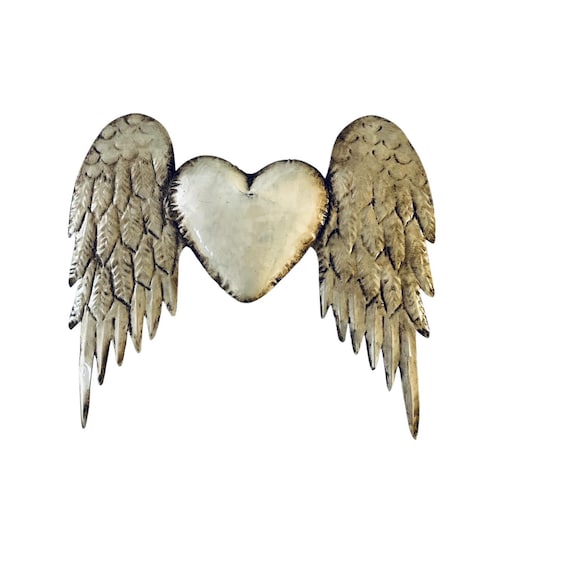 WINGED HEART, Mexican Corazon, Punched Tin Heart with Wings, Off White