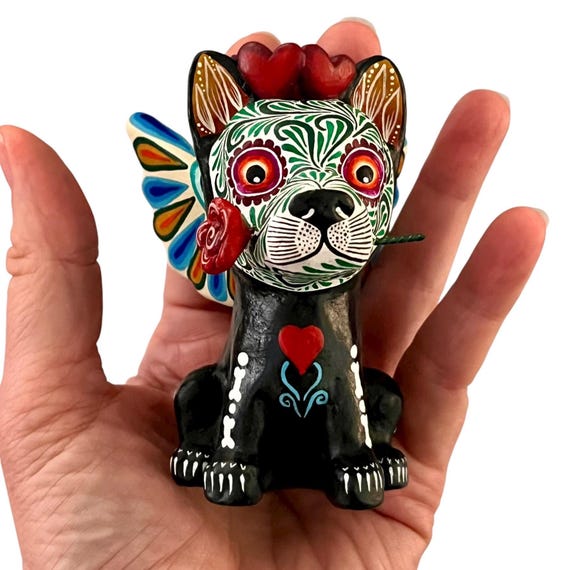 Day of the Dead Dog, Altar Ofrenda Decoration, Mexican Pottery Puebla, Skeleton Angel Puppy with Wings