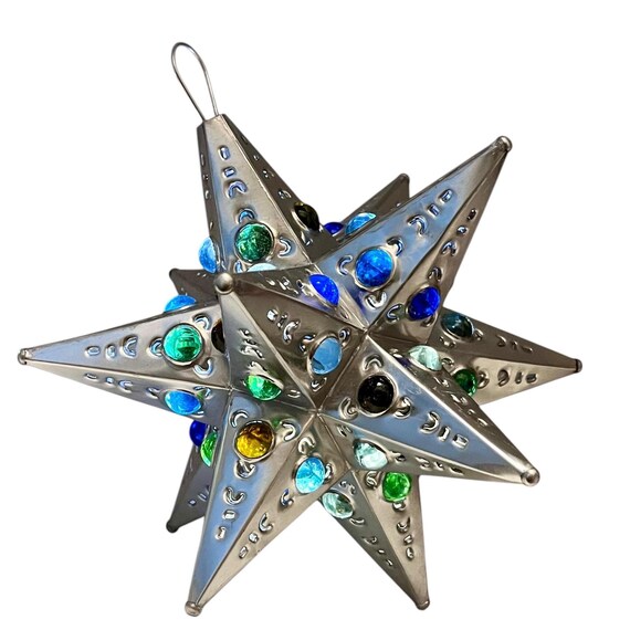 Mexican TIN STAR w Colored Marbles, 8" Hanging Moravian Star, Mexico Estrella, Luminaria, Silver Finish