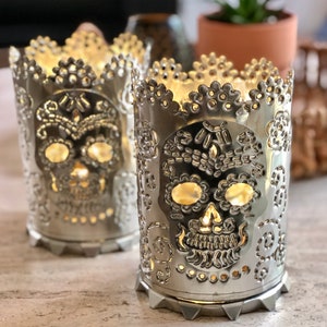 Set (2) Tin DAY of the DEAD Skull LUMINARIAS, Sugar Skull Candleholders, Mexican Punched Tin, Altar Ofrenda Decor